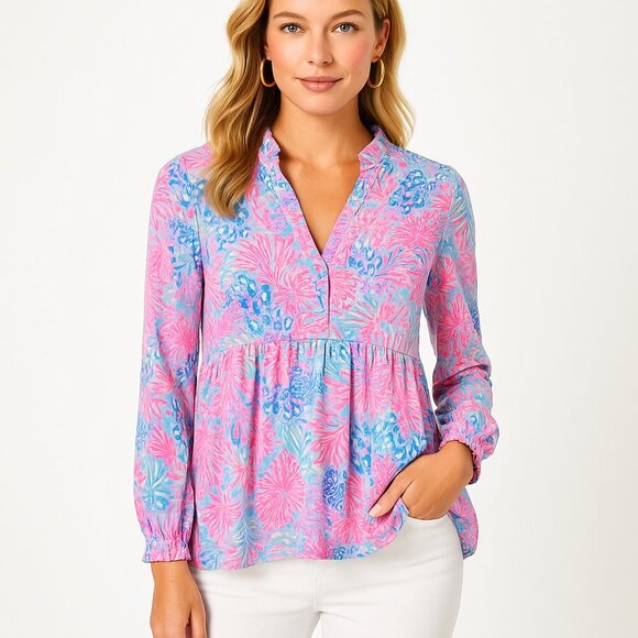 Lilly Pulitzer Babydoll Peplum Tunic, Multi Pink/Blue Reef Print (S) V-Neck - Picture 3 of 11